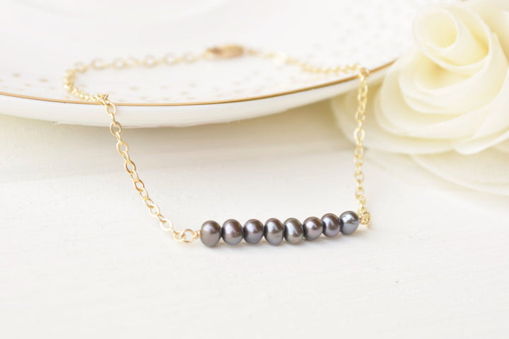 Black Pearl Bar Bracelet in Gold