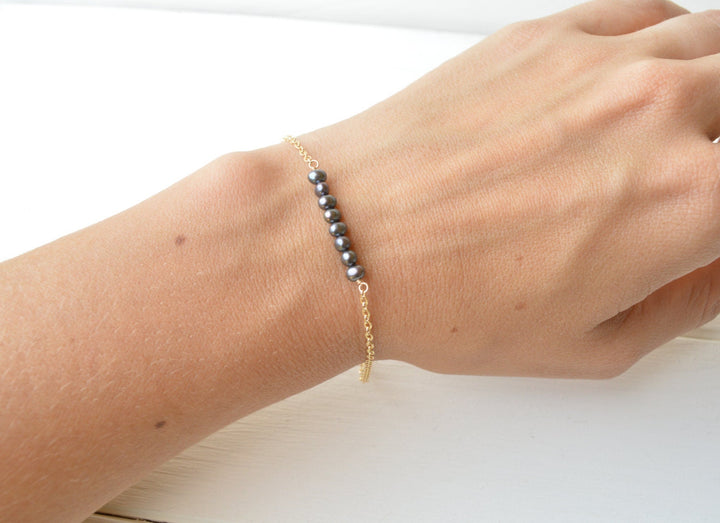 Black Pearl Bar Bracelet in Gold
