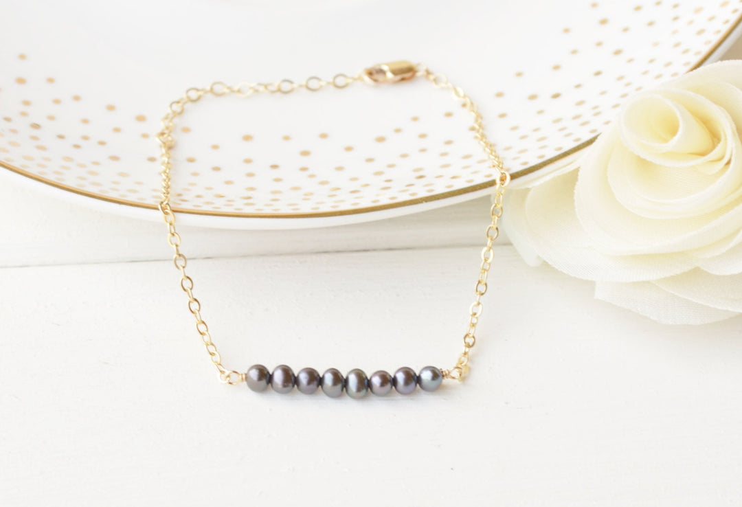 Black Pearl Bar Bracelet in Gold