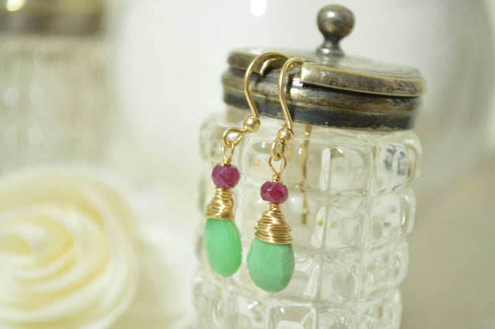 Chrysoprase & Ruby in Gold Wrapped Earrings
