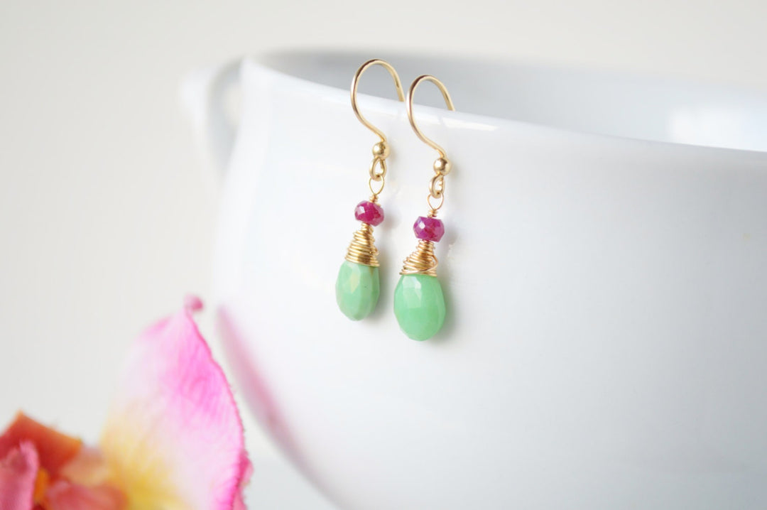 Chrysoprase & Ruby in Gold Wrapped Earrings