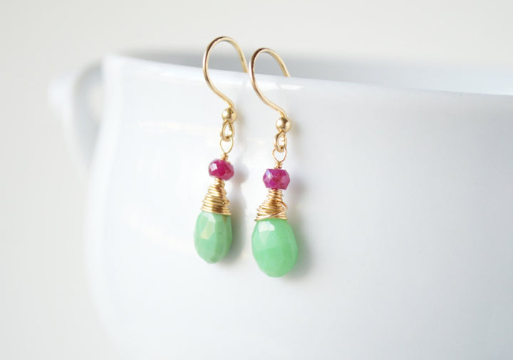 Chrysoprase & Ruby in Gold Wrapped Earrings