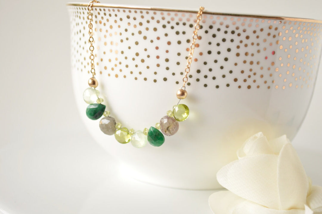 Green & Gold Briolette Bar Necklace