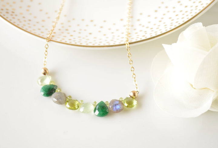 Green & Gold Briolette Bar Necklace
